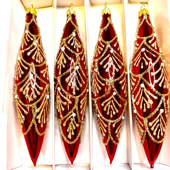 dagmara Holiday 4 Polish Glass Red Teardrop Christmas Ornaments